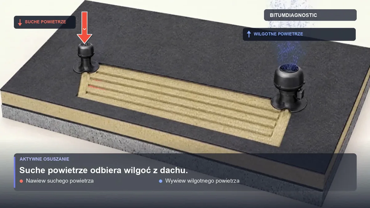 Poglądowy przekrój dachu z kominkami i drogą przepływu powietrza w izolacji